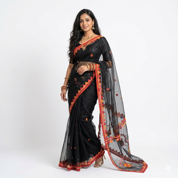 Black Red Applique Kota Cotton Saree
