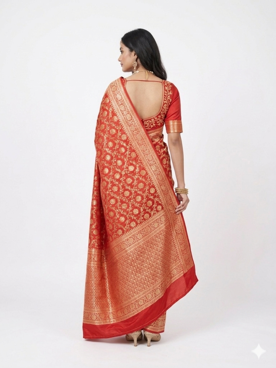 Red Golden Floral Silk Zari Saree