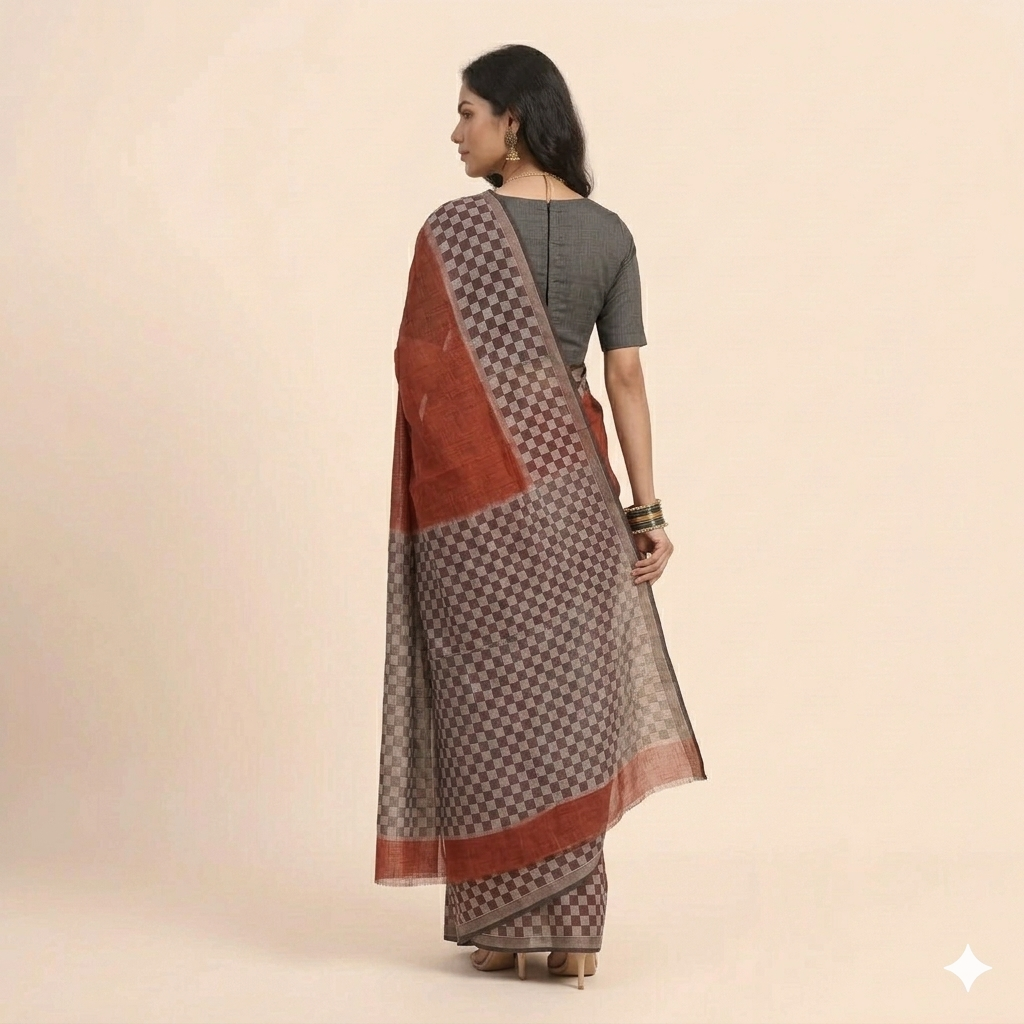 Maroon Black Check Handblock Kota Cotton Saree