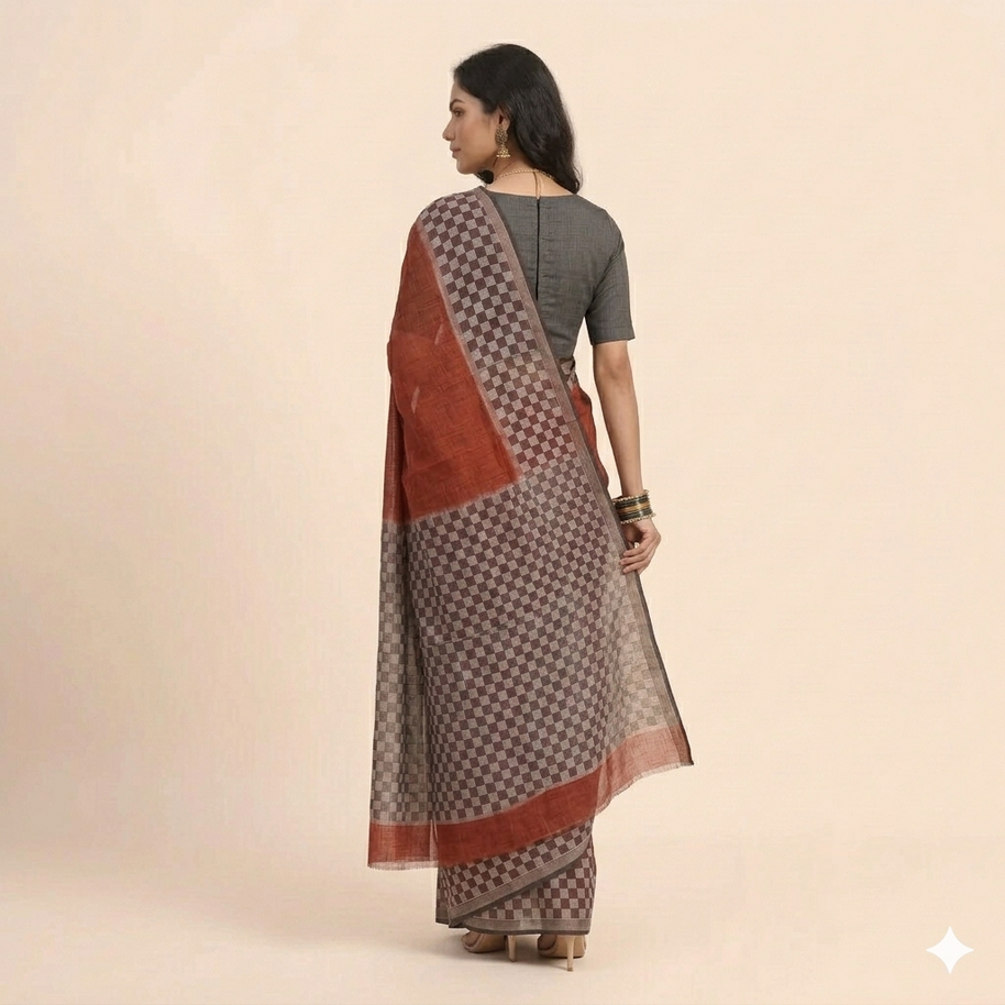 Maroon Black Check Handblock Kota Cotton Saree