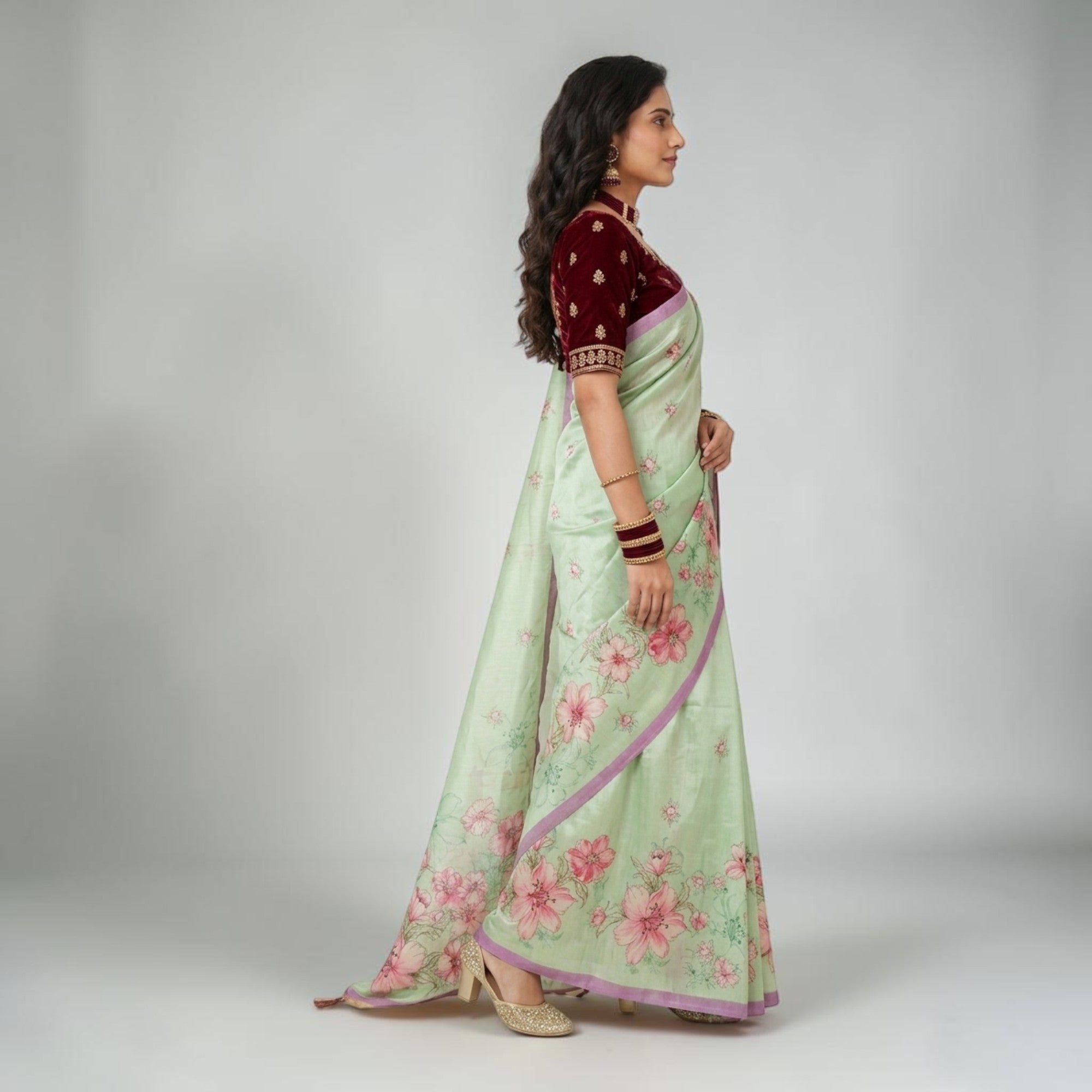 Green Tussar Floral Silk Saree