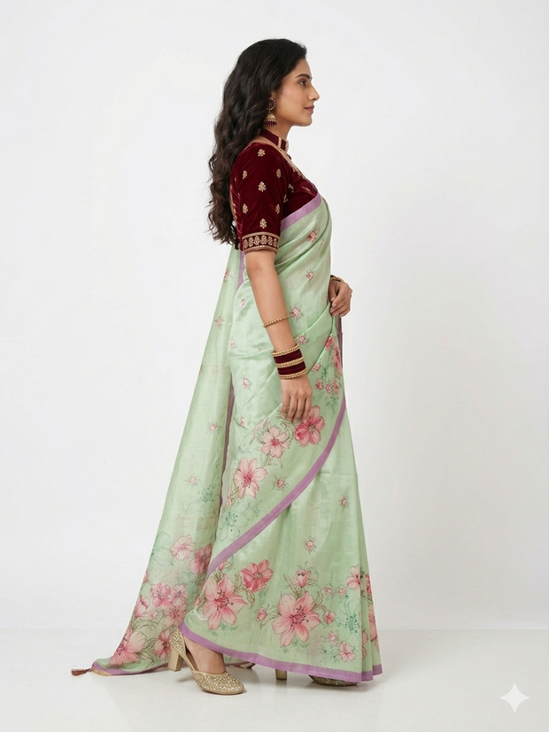 Green Tussar Floral Silk Saree