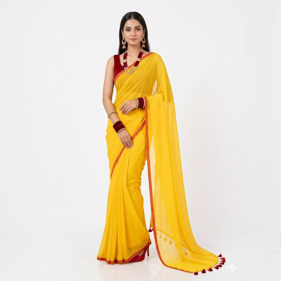 Yellow Plain Handwoven Cotton Saree