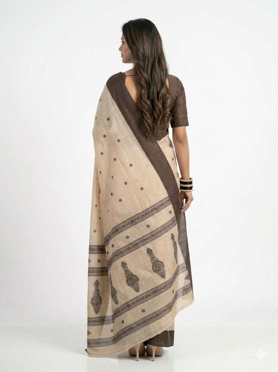 Cream Black Cotton Saree
