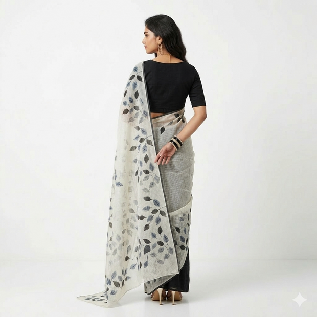 Black Grey Handpainted Kota Cotton Saree