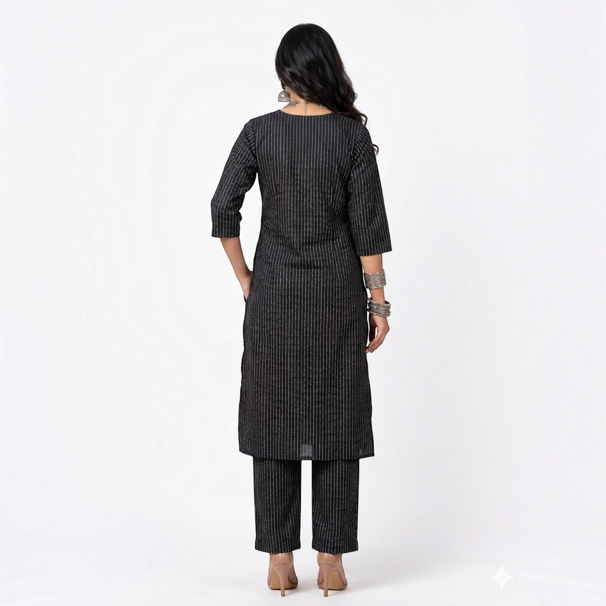 Dark Black Stripe Cotton Kurta Set