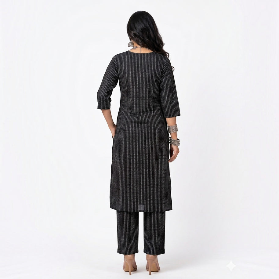 Dark Black Stripe Cotton Kurta Set
