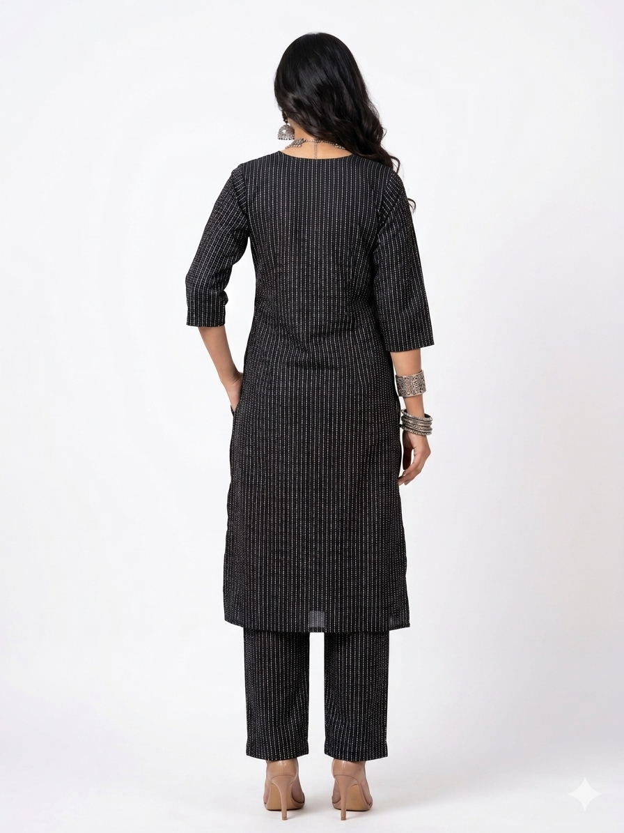 Dark Black Stripe Cotton Kurta Set