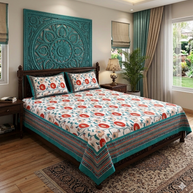 White Orange Handblock Print Double Bedsheet