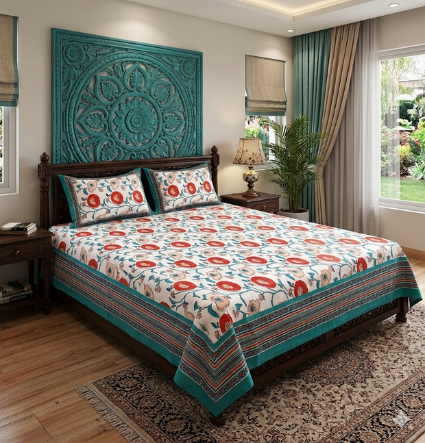 White Orange Handblock Print Double Bedsheet