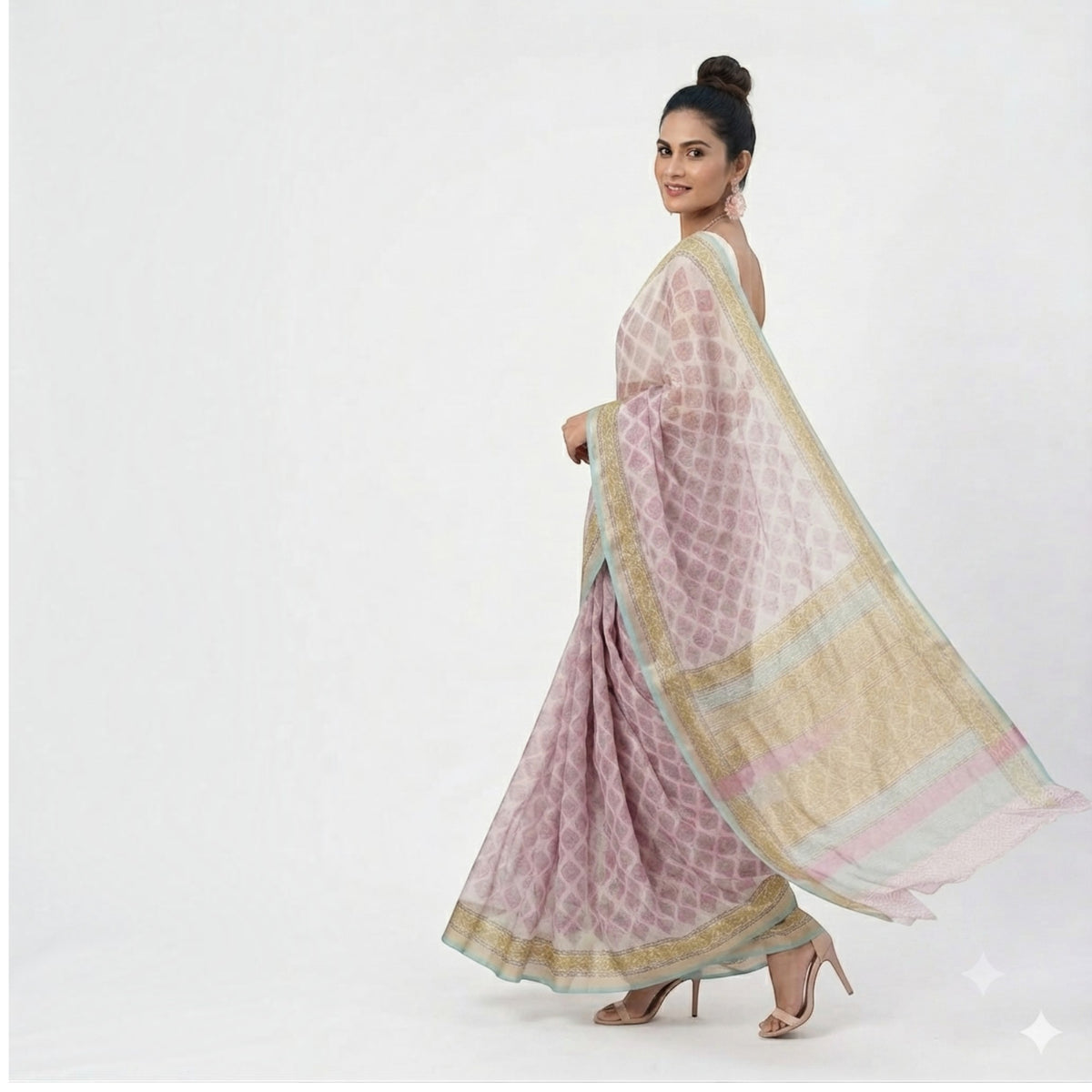 White Pink Floral Handblock Kota Cotton Saree