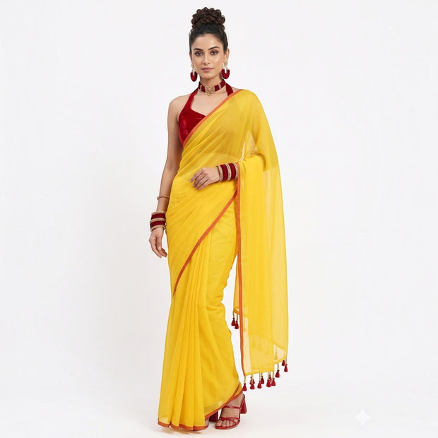 Yellow Plain Handwoven Cotton Saree