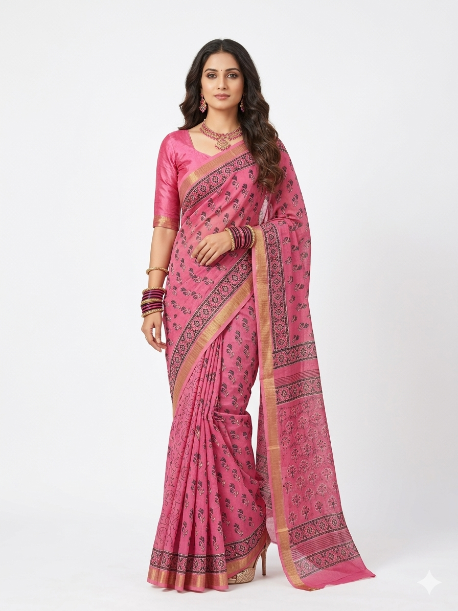 Pink Handblock Print Maheswari Silk Saree
