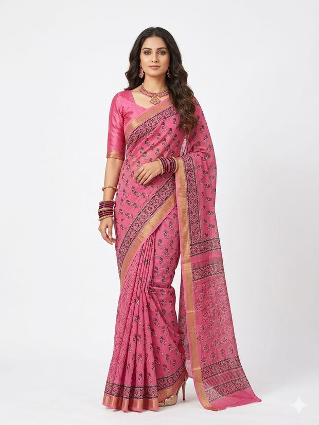 Pink Handblock Print Maheswari Silk Saree