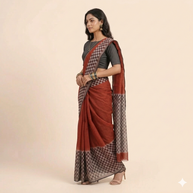 Maroon Black Check Handblock Kota Cotton Saree