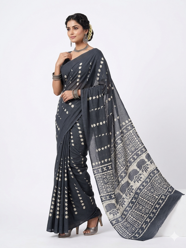 Dark Blue Handblock Cotton Saree
