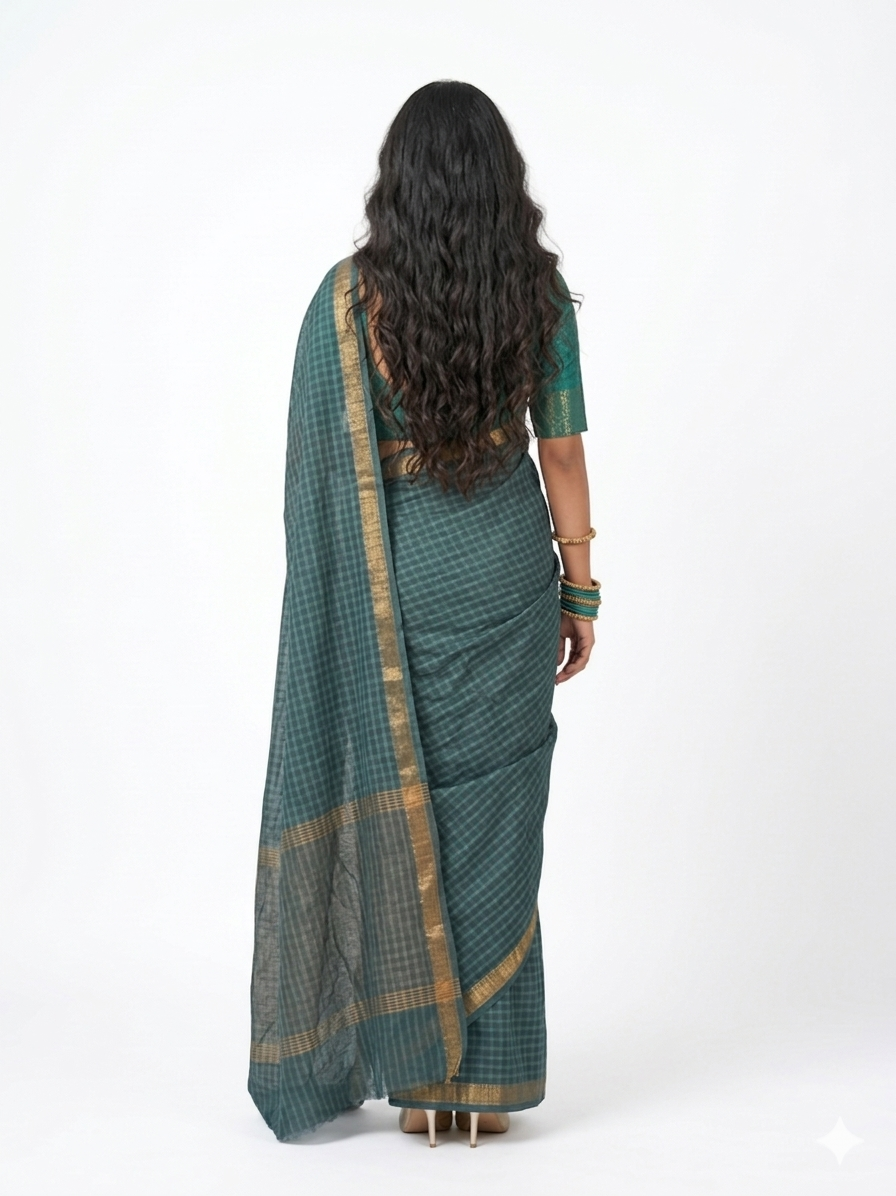 Dark Grey Handblock Maheswari Silk Saree