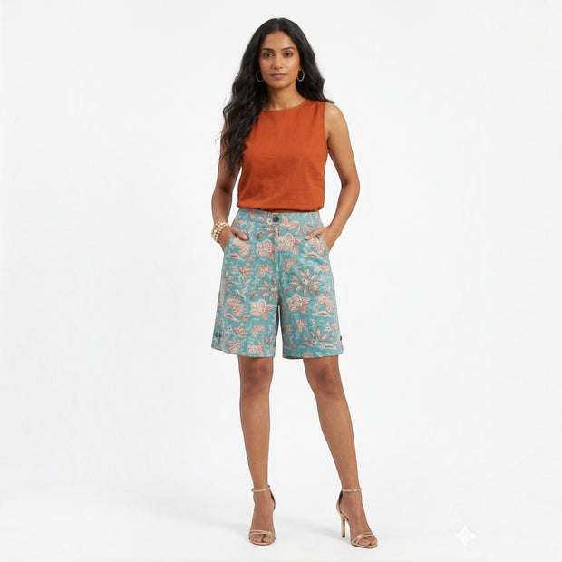 Sky Blue Handblock Cotton Shorts