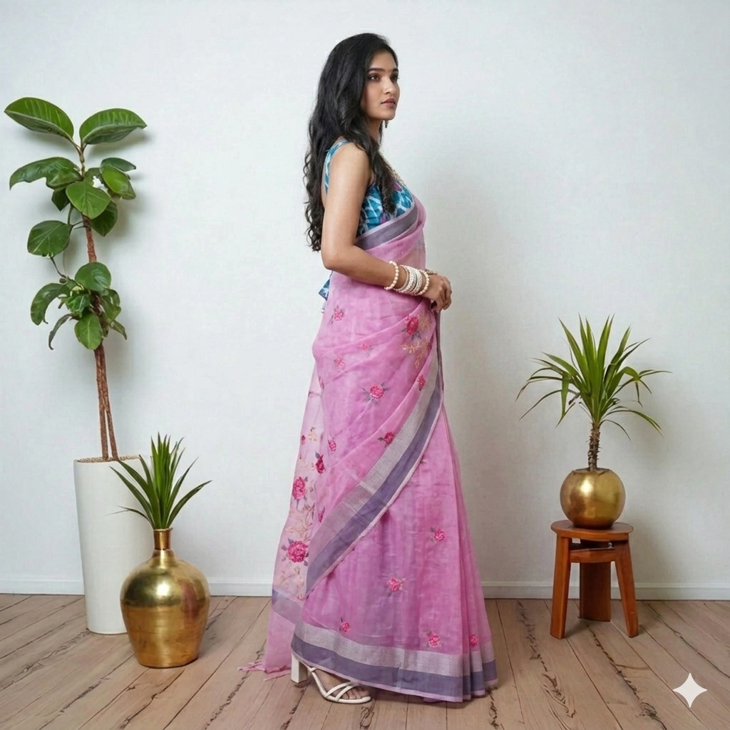 Pink Embroidery Kota Cotton Saree