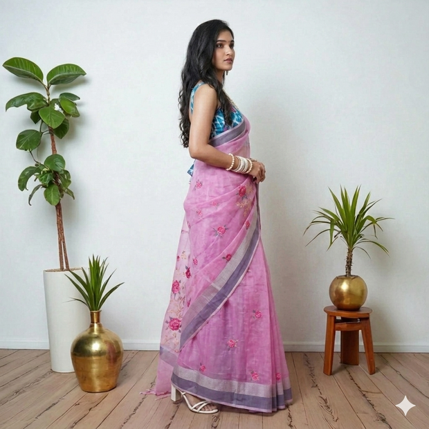Pink Embroidery Kota Cotton Saree