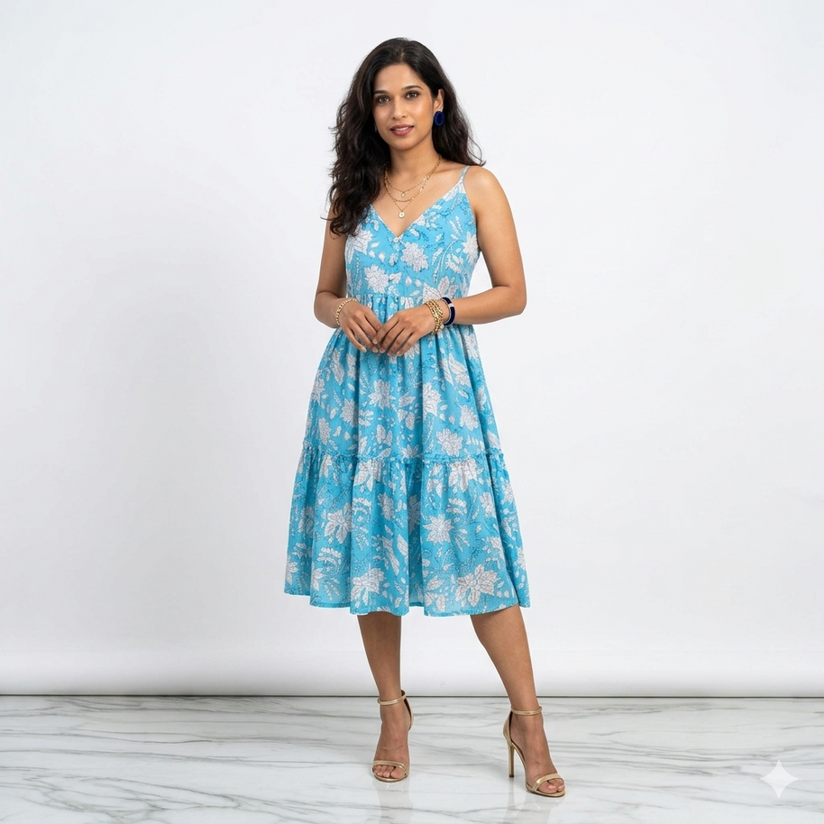 Sky Blue Smocking Handblock Cotton Strap Dress