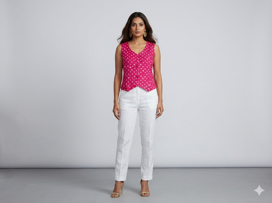 Pink Modal Silk Bandhej Waistcoat