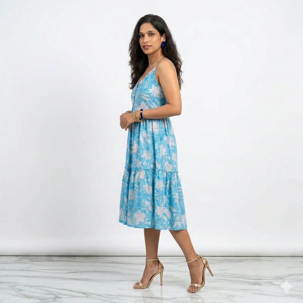 Sky Blue Smocking Handblock Cotton Strap Dress
