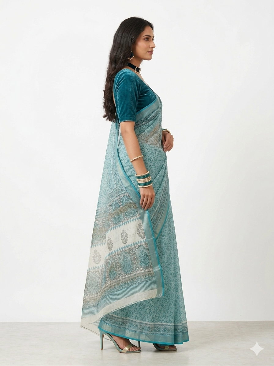 Light Teal Blue Maheswari Silk Saree