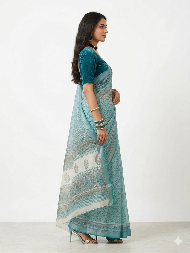 Light Teal Blue Maheswari Silk Saree