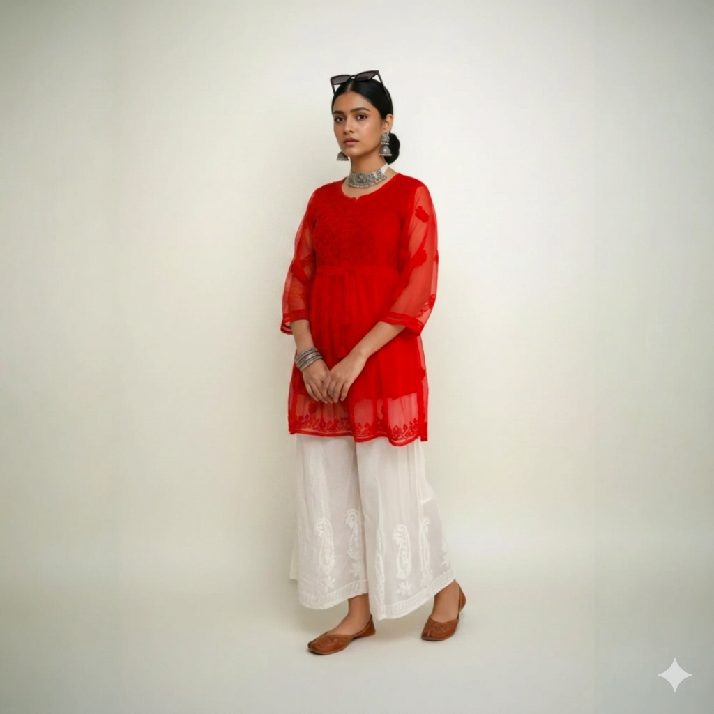 Red Chikankari Georgette Short Kurti