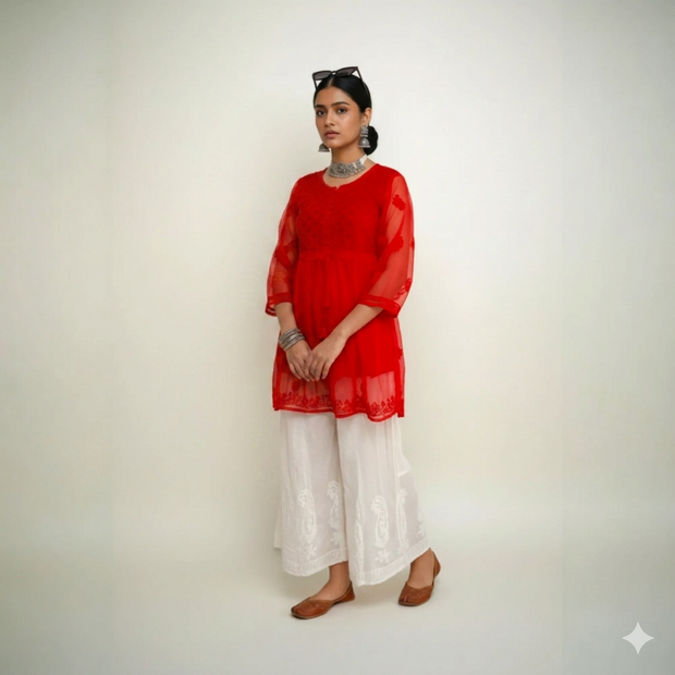 Red Chikankari Georgette Short Kurti