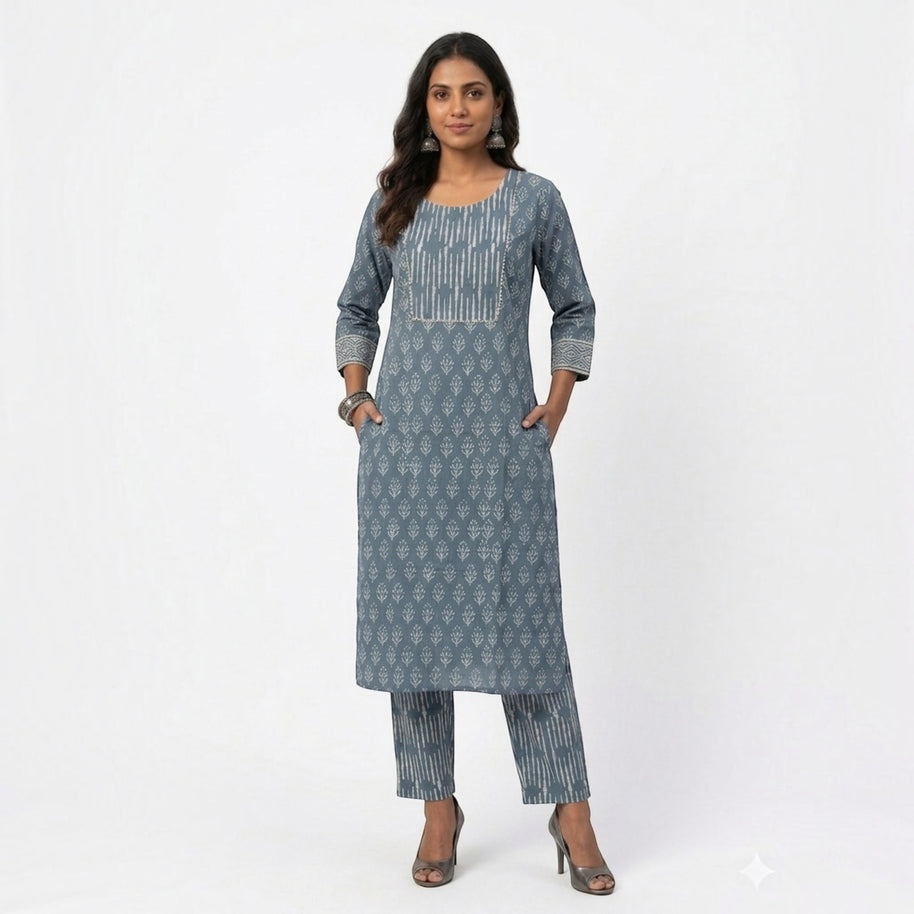 Blue Handblock Cotton Kurta & Pant