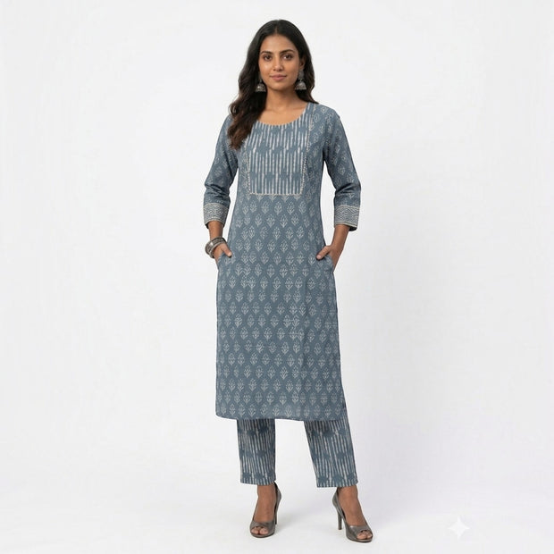 Blue Handblock Cotton Kurta & Pant