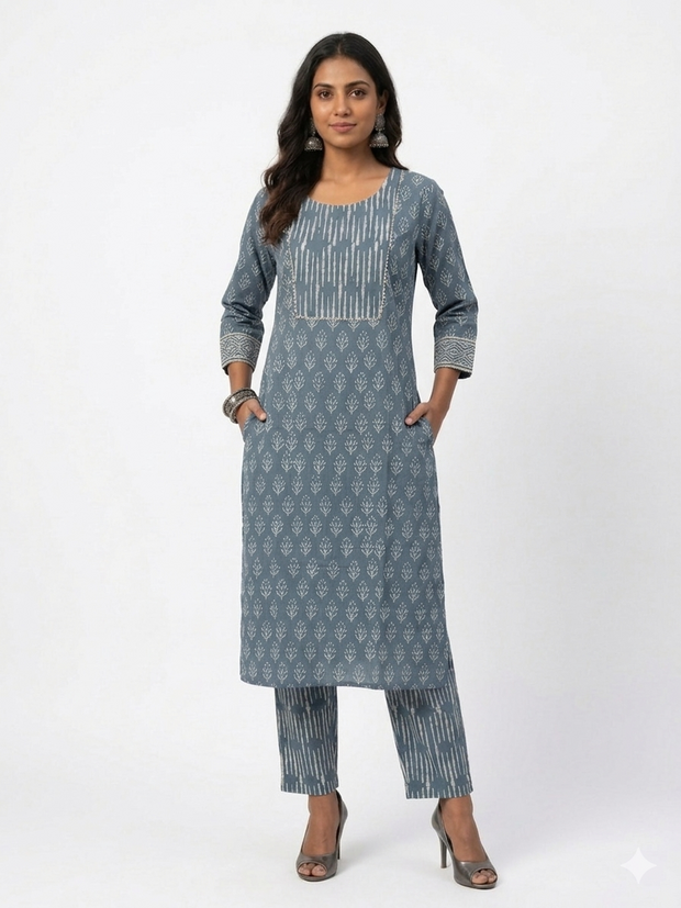 Blue Handblock Cotton Kurta & Pant