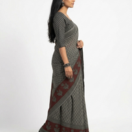 Grey Black Weave Handblock Print Cotton Saree