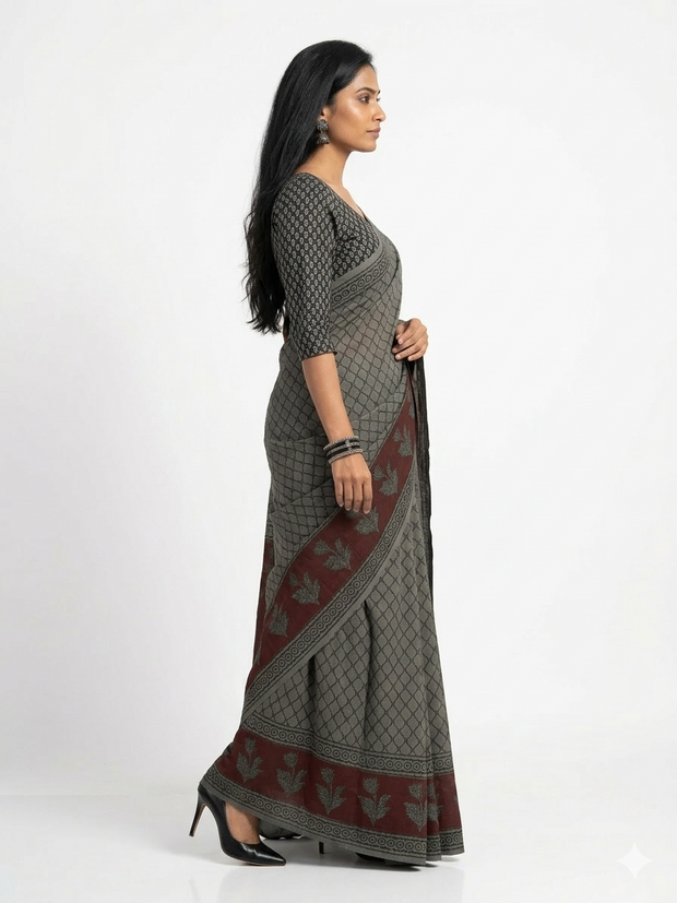 Grey Black Weave Handblock Print Cotton Saree