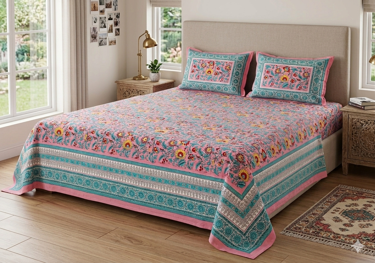Pink Multi Handblock Print Double Bedsheet
