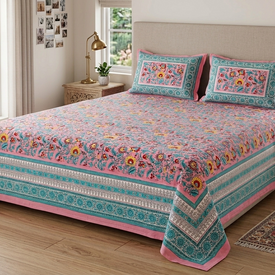 Pink Multi Handblock Print Double Bedsheet