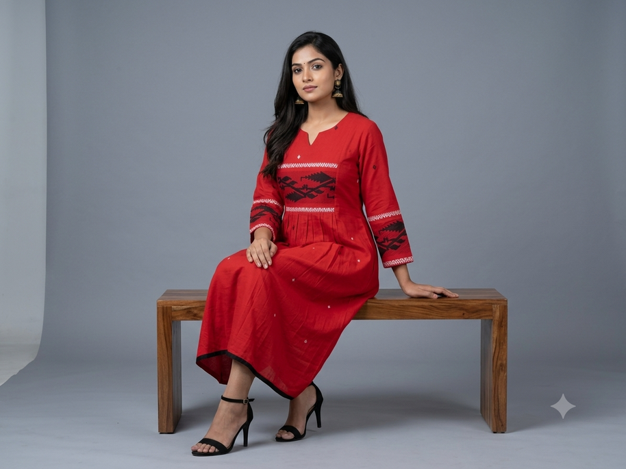 Red Black Jamdani Cotton Dress