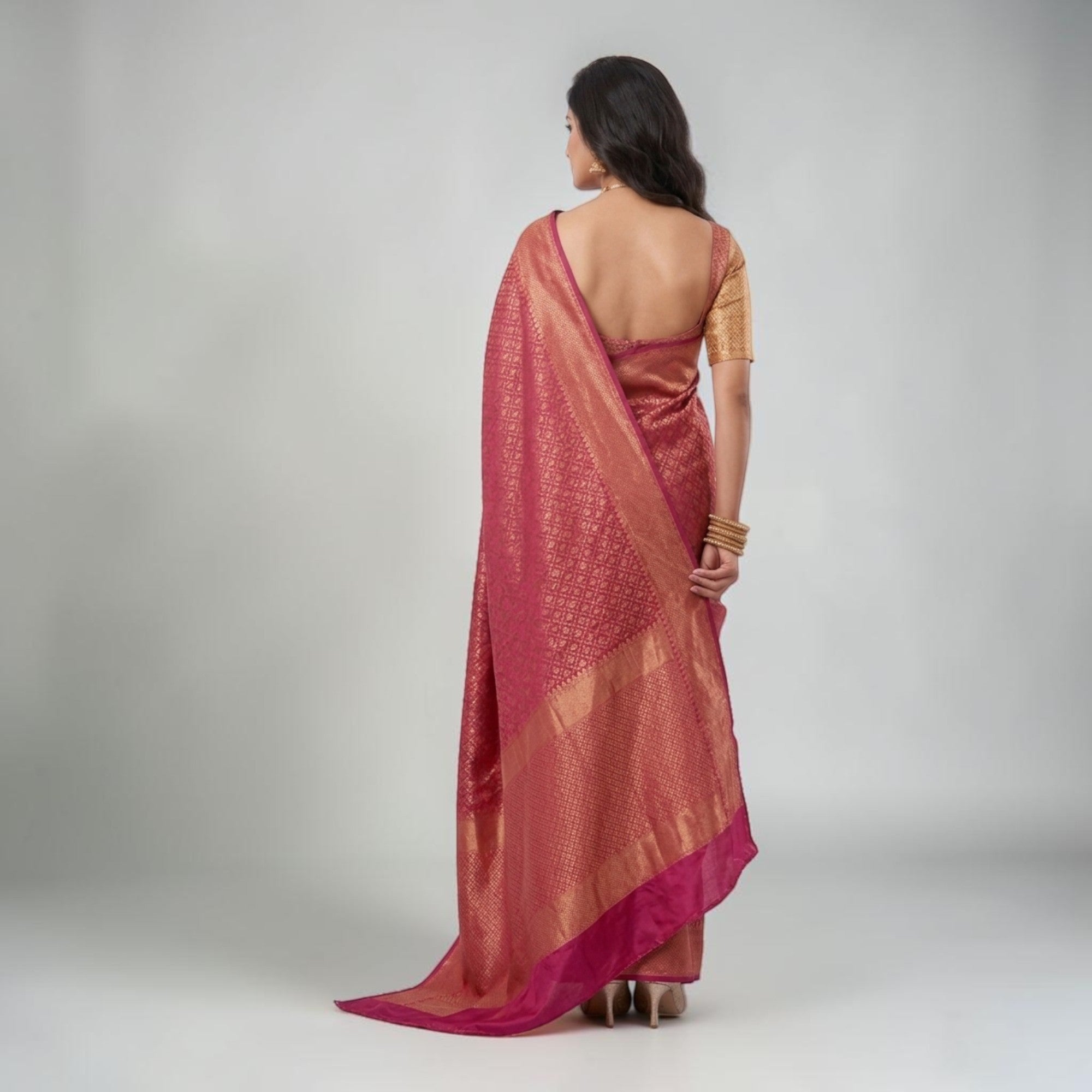 Rani Pink Golden Zari Work Silk Saree