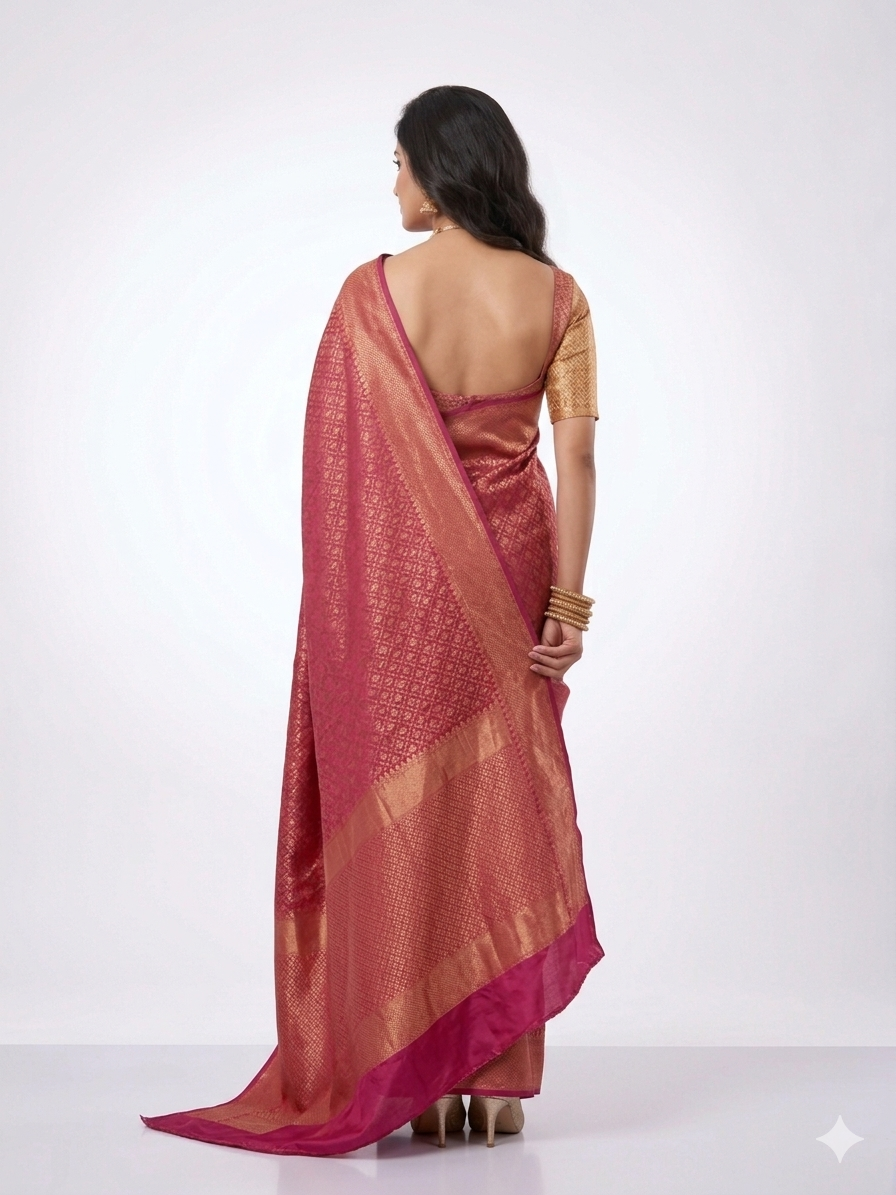 Rani Pink Golden Zari Work Silk Saree
