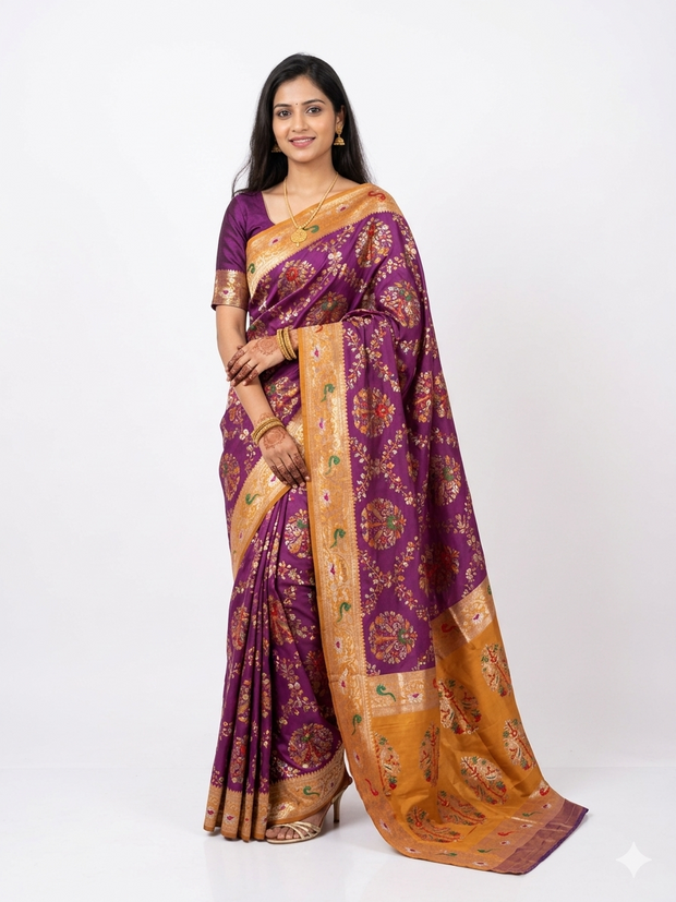 Purple Mustard Zari Work Silk Saree