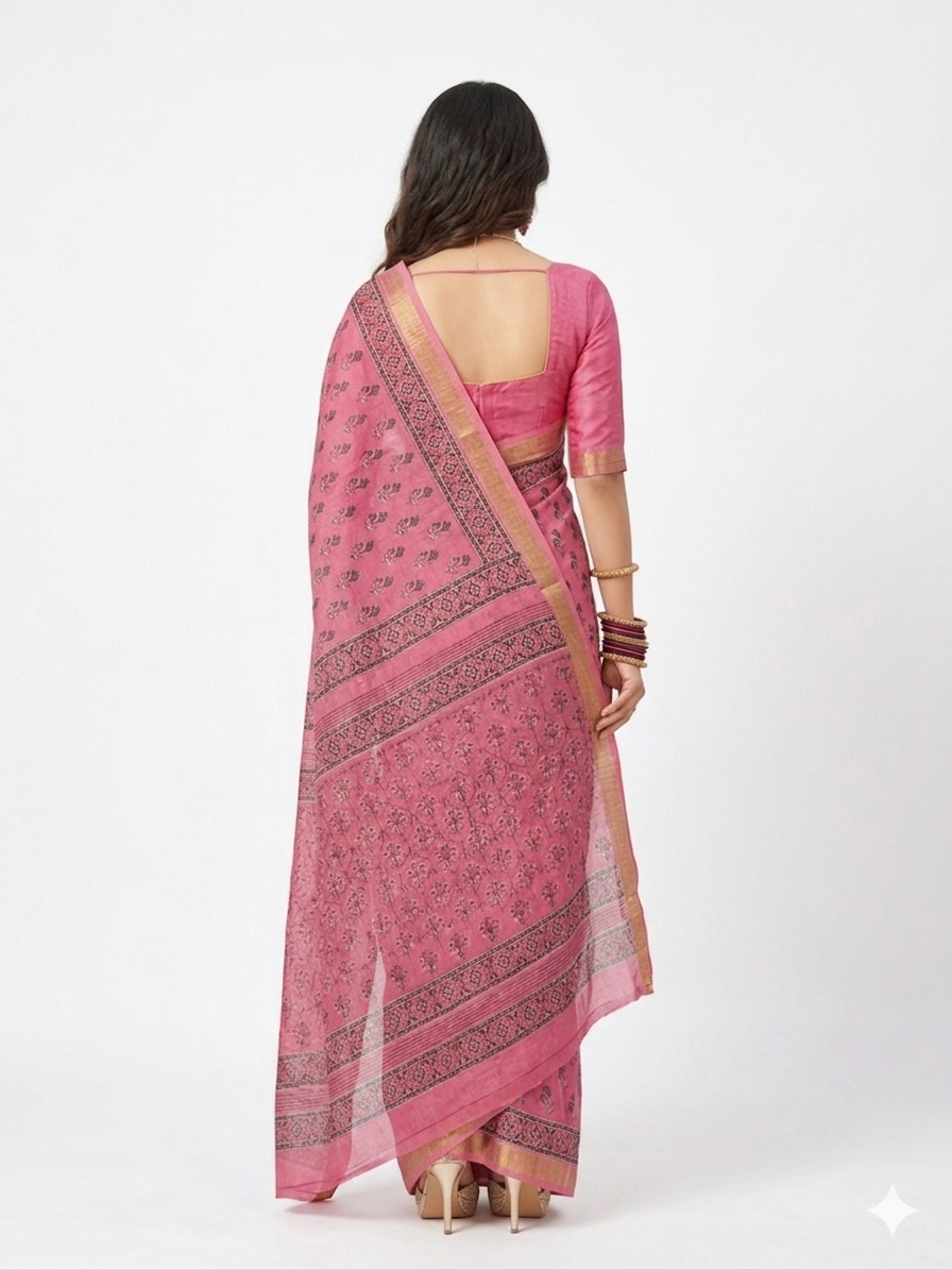 Pink Handblock Print Maheswari Silk Saree