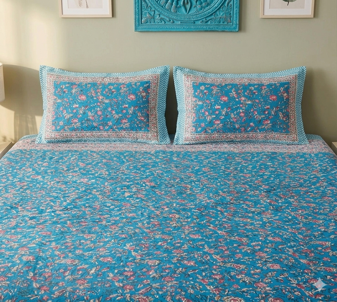 Blue Pink Handblock Print Double Bedsheet