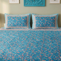 Blue Pink Handblock Print Double Bedsheet