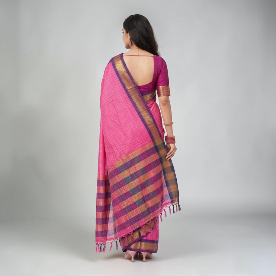 Pink Check Silk Saree
