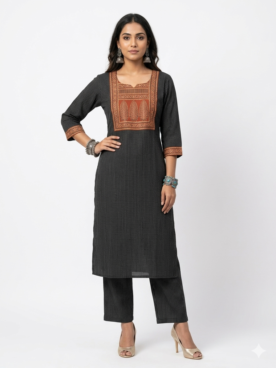 Black Stripe Cotton Kurta Set