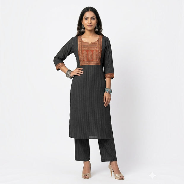 Black Stripe Cotton Kurta Set