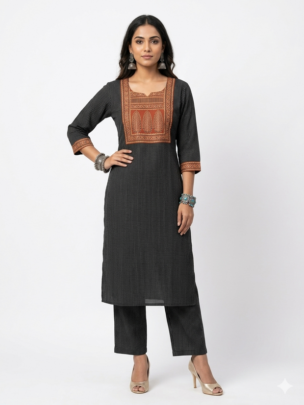Black Stripe Cotton Kurta Set