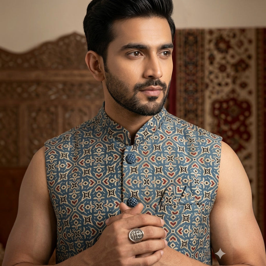 Blue Ajrakh Silk Jacket